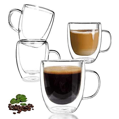 Glass Coffee Mugs 4 packs Large Clear Coffee Mug 350Ml Double Wall Tea Cup with Handle Glass Mugs Double Wall Insulated Glass Coffee Mugs Latte Cappuccino Heat Resistant Dishwasher