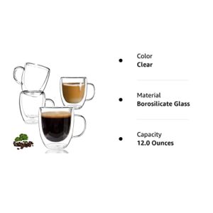 Glass Coffee Mugs 4 packs Large Clear Coffee Mug 350Ml Double Wall Tea Cup with Handle Glass Mugs Double Wall Insulated Glass Coffee Mugs Latte Cappuccino Heat Resistant Dishwasher