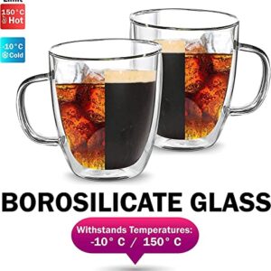 Glass Coffee Mugs 4 packs Large Clear Coffee Mug 350Ml Double Wall Tea Cup with Handle Glass Mugs Double Wall Insulated Glass Coffee Mugs Latte Cappuccino Heat Resistant Dishwasher