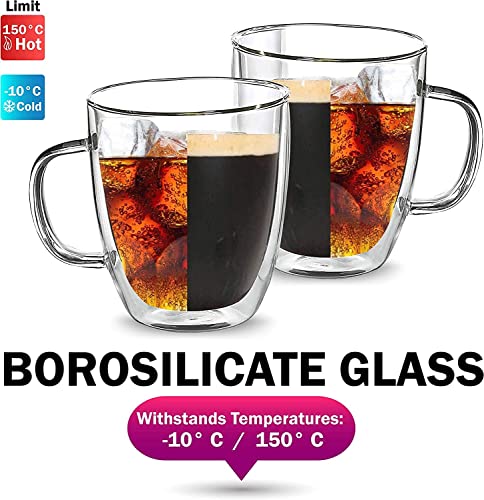 Glass Coffee Mugs 4 packs Large Clear Coffee Mug 350Ml Double Wall Tea Cup with Handle Glass Mugs Double Wall Insulated Glass Coffee Mugs Latte Cappuccino Heat Resistant Dishwasher