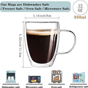 Glass Coffee Mugs 4 packs Large Clear Coffee Mug 350Ml Double Wall Tea Cup with Handle Glass Mugs Double Wall Insulated Glass Coffee Mugs Latte Cappuccino Heat Resistant Dishwasher