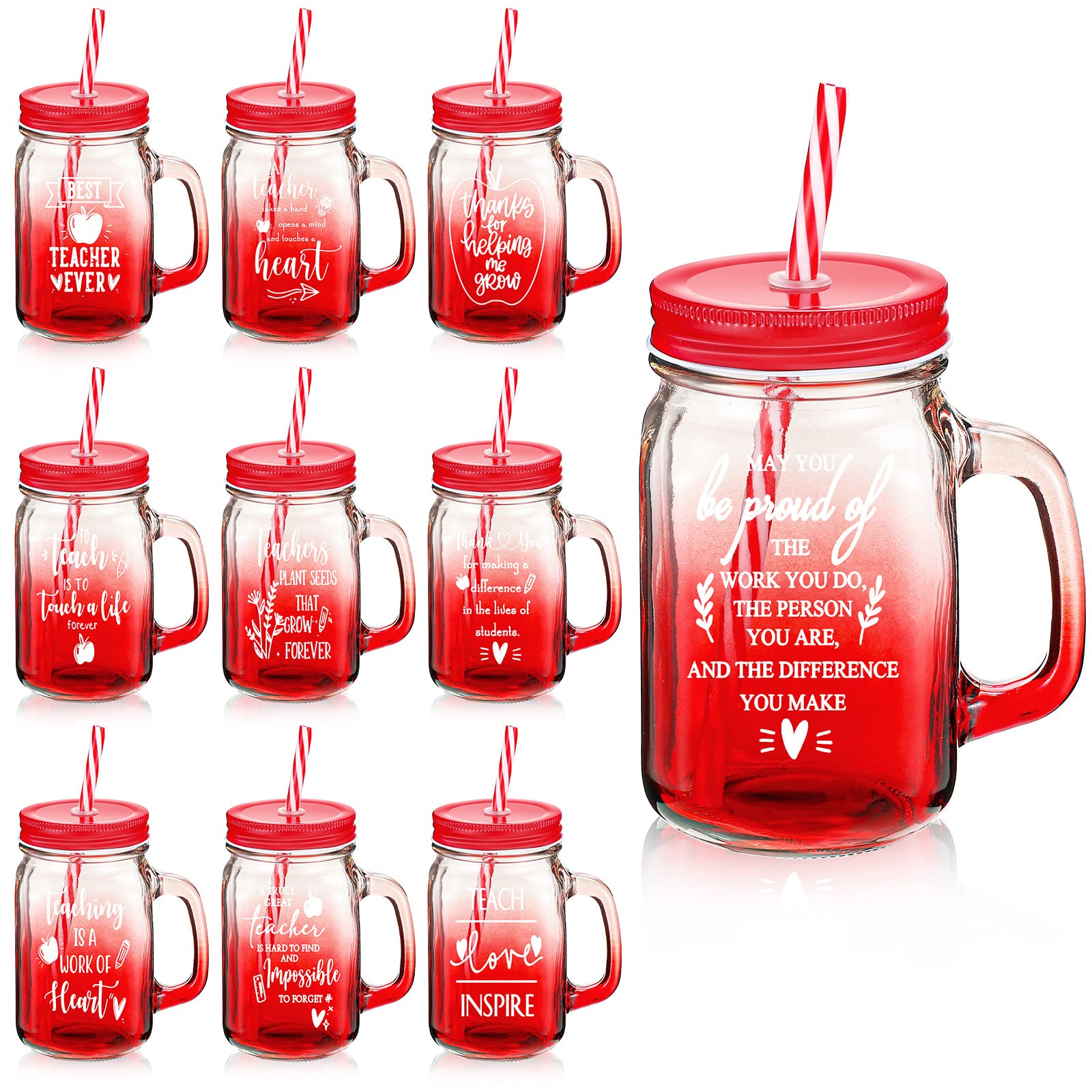 Teacher Gifts Teacher Glass Cups 16 Oz Teacher Appreciation Mason Jar Mugs with Handles Lids and Straws Teacher Appreciation Week Gift Teacher Tumbler Cup for Back to School Graduation (20 Pack)