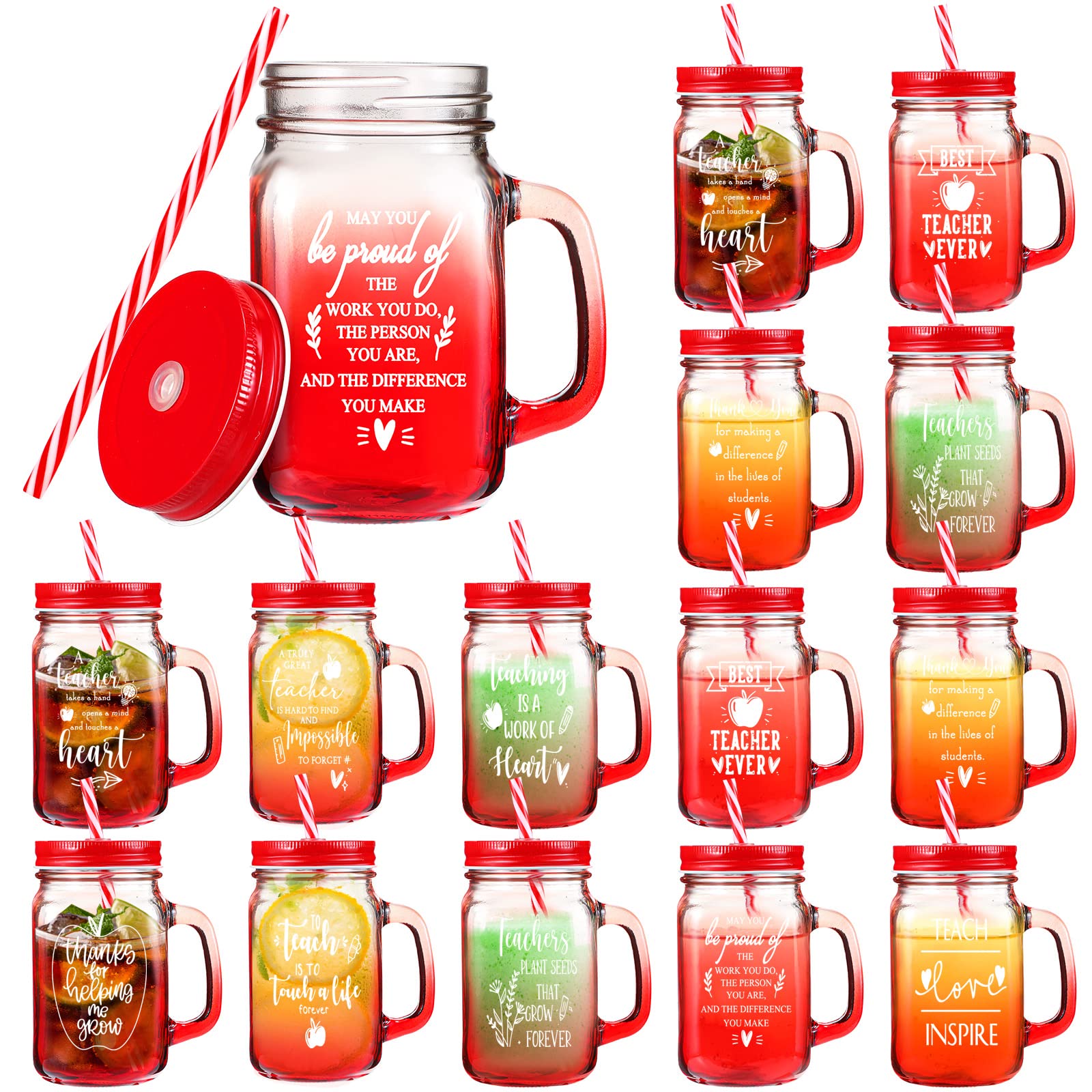 Teacher Gifts Teacher Glass Cups 16 Oz Teacher Appreciation Mason Jar Mugs with Handles Lids and Straws Teacher Appreciation Week Gift Teacher Tumbler Cup for Back to School Graduation (20 Pack)