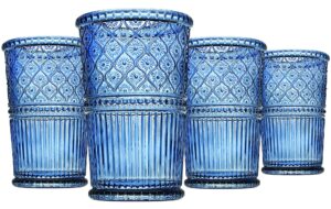 godinger highball drinking glasses, tall glass cups, vintage decor, water glasses, cocktail glasses - claro collection, 12oz, blue, set of 4
