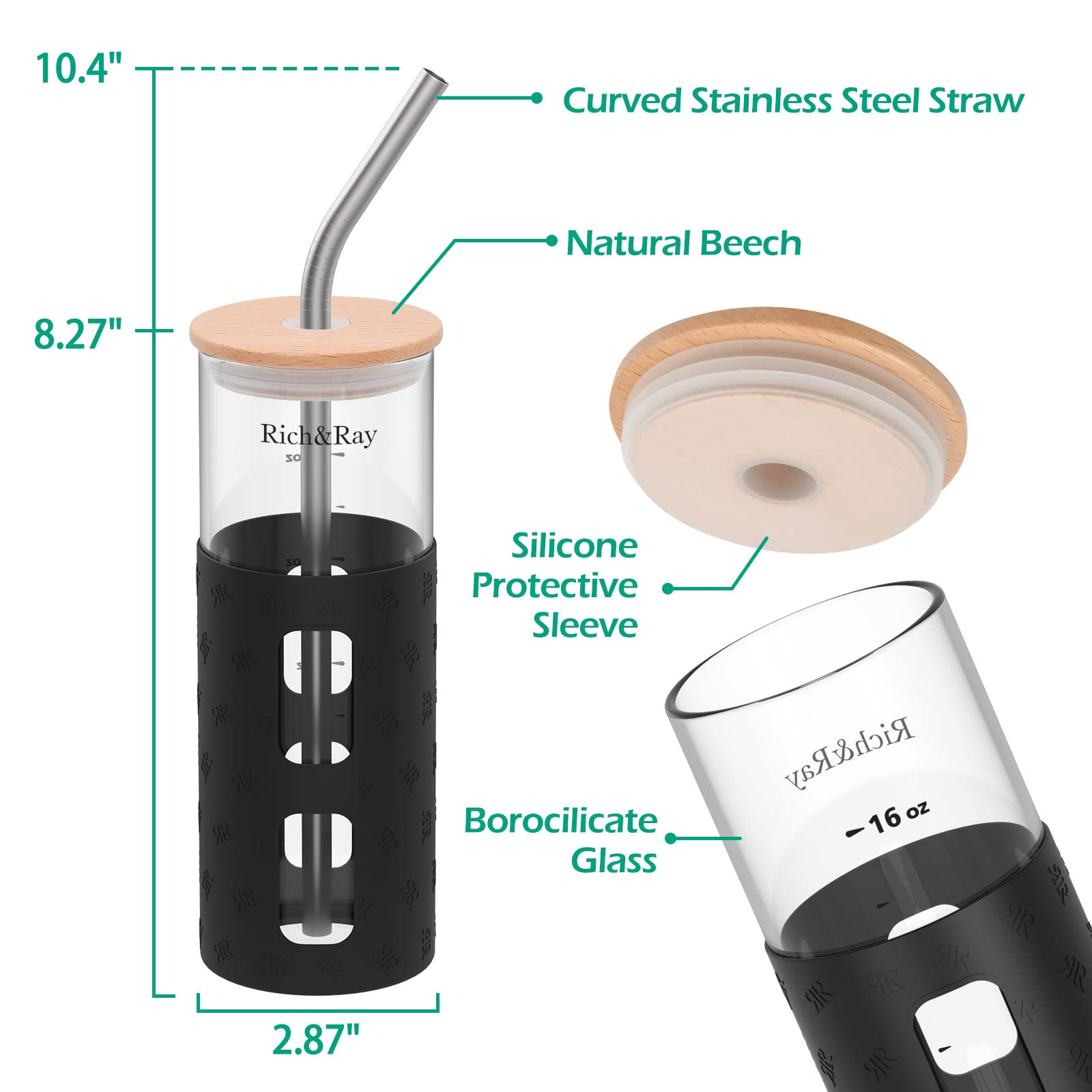 Rich&Ray Glass Tumbler with Straw and Lid, Reusable Iced Coffee Cup, Wide Mouth Water Bottle with Measurement, Wooden Lid with Silicone Protective Sleeve, BPA Free, 2PCS-20oz (Black)