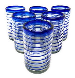 hand blown mexican drinking glasses – set of 6 glasses with cobalt blue spiral design (14 oz each)