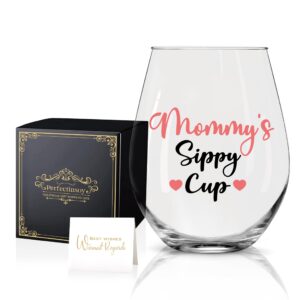 perfectinsoy mommy's sippy cup, funny wine glass 15oz, first mothers day gifts for mom, wife, birthday gift for mom, funny mom gifts from daughter, son, mom to be, new mom, pregnant mom