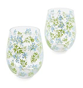 Two's Company Women's Countryside Stemless Wine Glass Set of 2, Blue/Green, One Size