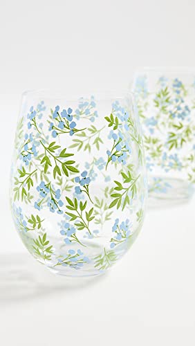 Two's Company Women's Countryside Stemless Wine Glass Set of 2, Blue/Green, One Size