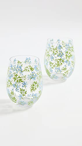 Two's Company Women's Countryside Stemless Wine Glass Set of 2, Blue/Green, One Size