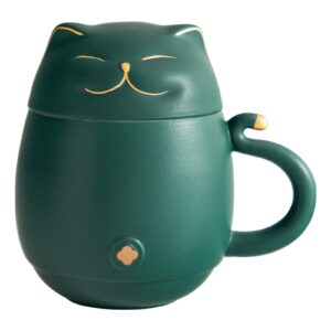 heer ceramic tea cup with infuser and lid, cute lucky cat coffee mug gift for cat lovers, chinese loose leaf tea steeper. (green)