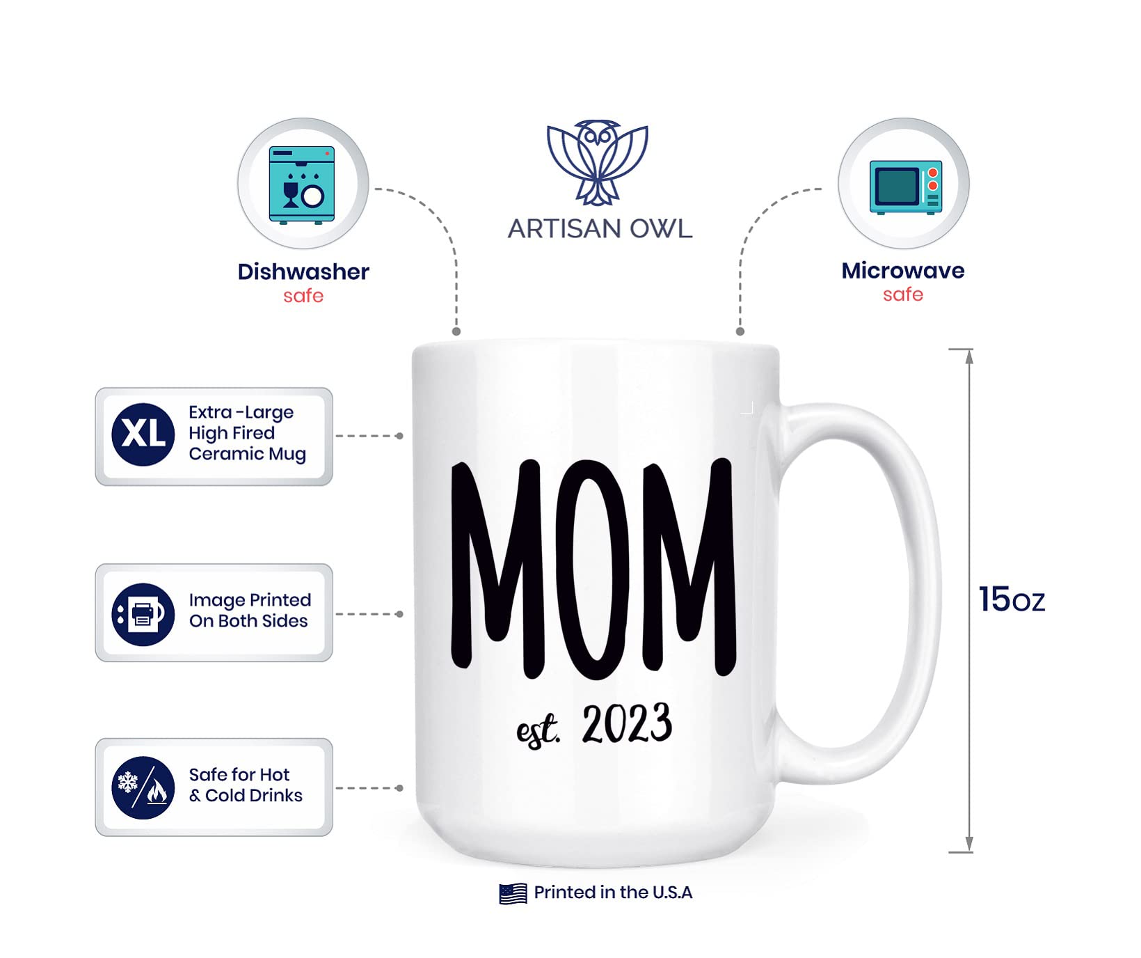 Artisan Owl Mom Est. 2023 - New Parent - 15oz Deluxe Double-Sided Coffee Tea Mug