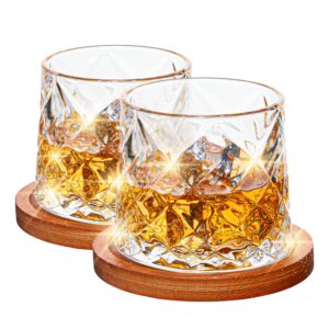 acheer large spinning crystal whiskey glasses set of 2-10 oz, rotatable old fashioned glasses, tumbler rocks bar glasses, with bamboo coasters, gift box, perfect present for any occasion