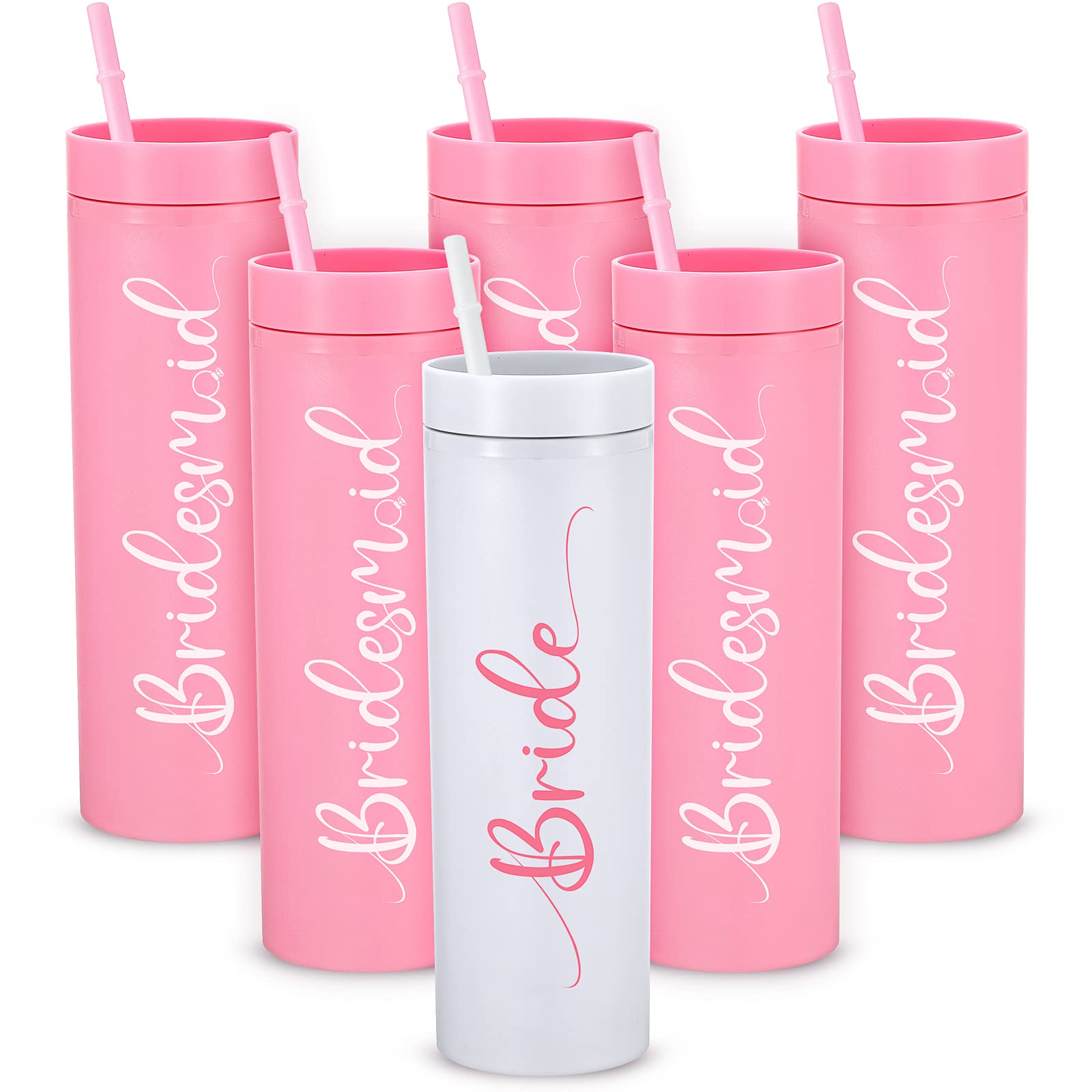 Gerrii 6 Sets Bridesmaid Proposal Gifts 15 oz Plastic Bridesmaid Cups Pink Bridesmaids Tumbler with Lids and Straws Water Bottle for Engagement Wedding Bridal Bachelorette Party