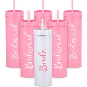 Gerrii 6 Sets Bridesmaid Proposal Gifts 15 oz Plastic Bridesmaid Cups Pink Bridesmaids Tumbler with Lids and Straws Water Bottle for Engagement Wedding Bridal Bachelorette Party