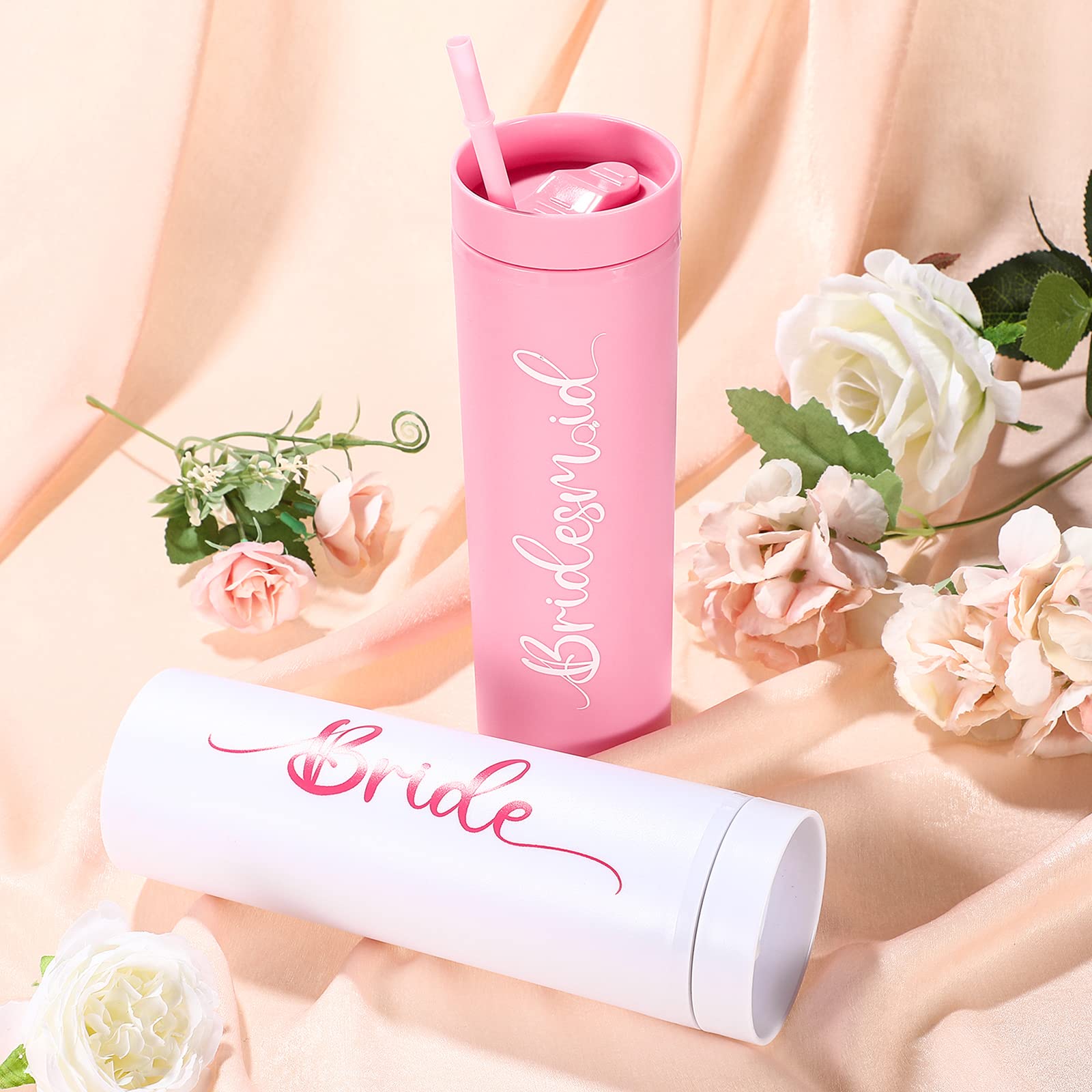 Gerrii 6 Sets Bridesmaid Proposal Gifts 15 oz Plastic Bridesmaid Cups Pink Bridesmaids Tumbler with Lids and Straws Water Bottle for Engagement Wedding Bridal Bachelorette Party