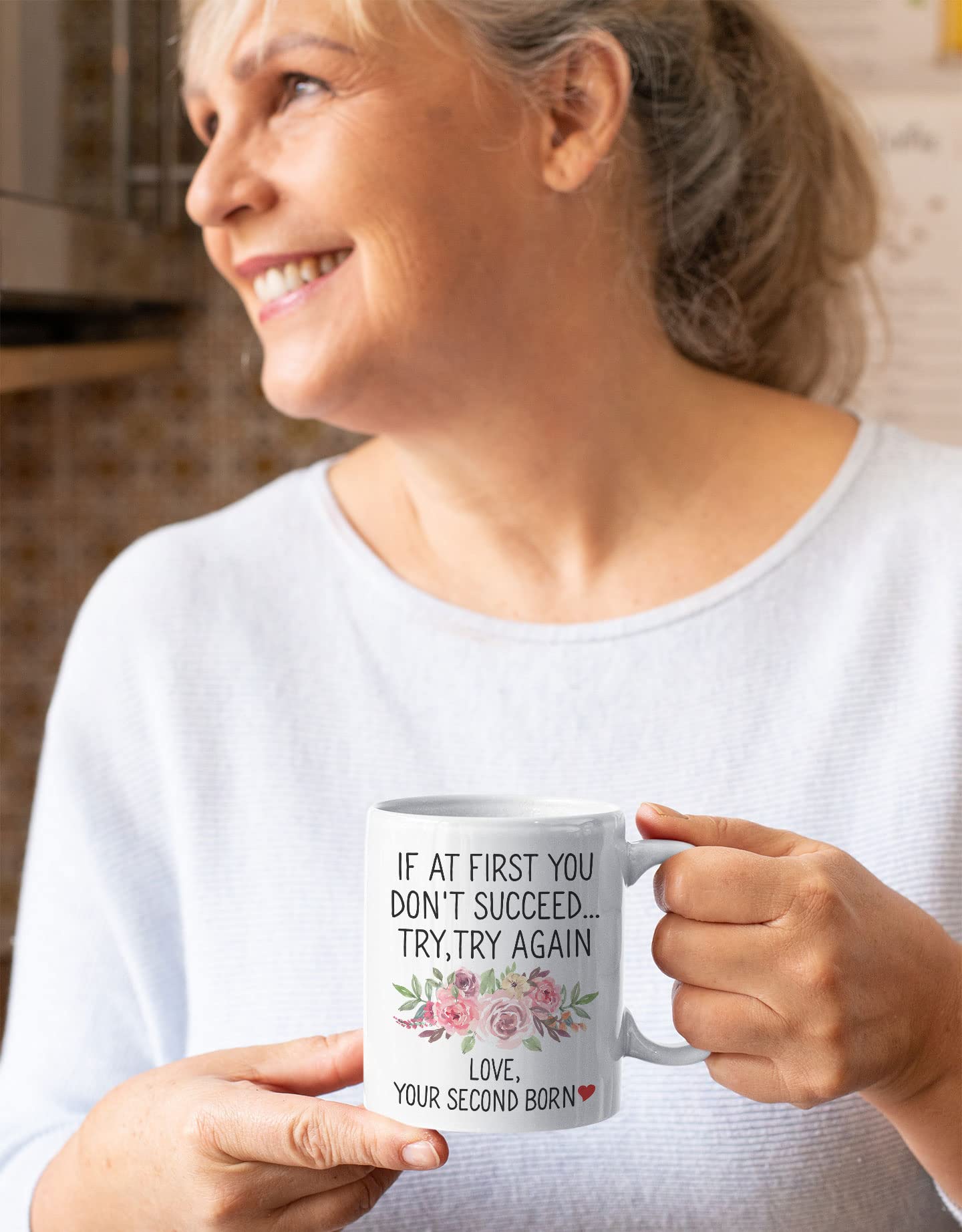 Whizk If At First You Don't Succeed Try Again Love Your Second Born Child Mug, Mothers Day Gifts From Daughter Son, Funny Mom Mug Coffee Cup Birthday Christmas For Women Floral 11 oz MGA577