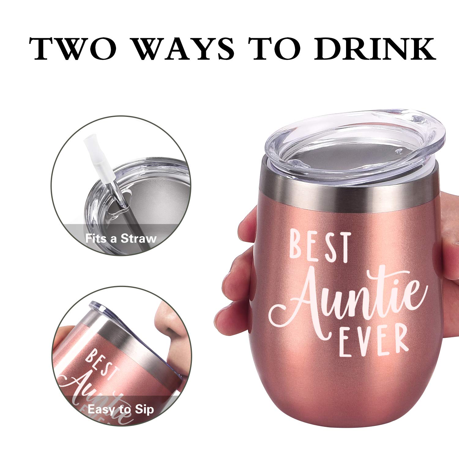 GINGPROUS Best Auntie Ever Wine Tumbler, Funny Auntie Birthday Gifts for New Aunt to Be for Mother's Day, Christmas Xmas Present, 12 Oz Stainless Steel Wine Tumbler Auntie Sippy Cup