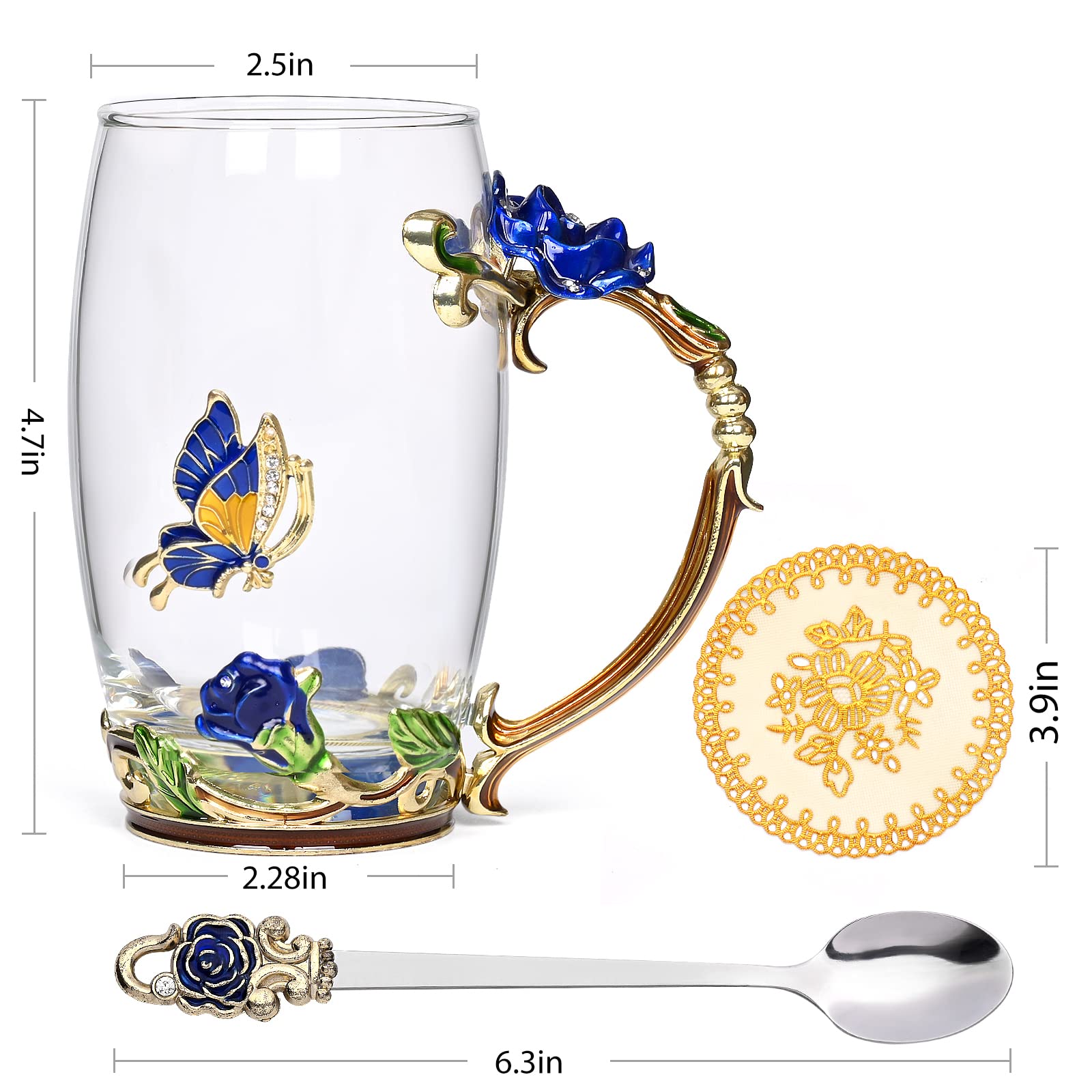 YHRJWN - Gifts for Women, Enamel Flower Butterfly Tea Cup, Tea Mugs for Women Mom Friends Sister, Mothers Day Birthday Christmas Valentines Day Gifts for Women Her 12 Oz with Spoon Gift Box(Blue Rose)