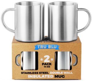 stainless steel coffee mug set of 2-14 oz premium double wall insulated travel mugs - shatterproof, bpa free, dishwasher safe