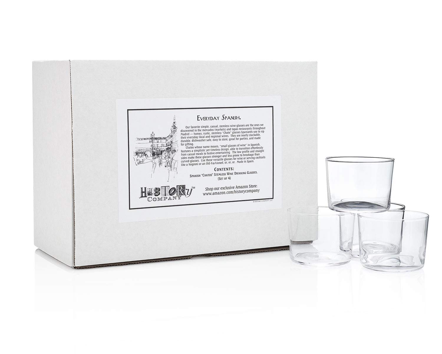 HISTORY COMPANY Spanish Chatos Stemless Bodega Wine Drinking Glass 4-Piece Set (Gift Box Collection)
