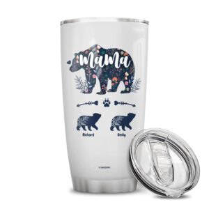 wassmin personalized tumbler mama bear stainless steel cup with lid 20oz 30oz double walled vacuum insulated tumblers customize cubs mother's birthday christmas gifts for best moms mother (2 kids)