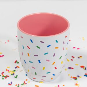 Yummy Sprinkles Mug | Pink Mug | Rainbow Sprinkles Coffee Mug | Birthday Cake Mug | Large, Fun, Coffee Mug with Green, Yellow, Red, Pink, Blue Art | Rose Pink