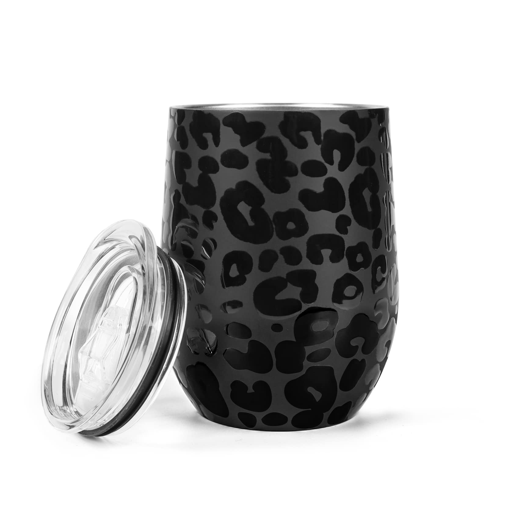 D·S 12 oz Black Leopard Wine Tumbler, Insulated Stainless Steel Travel Tumbler Cup for Coffee, Wine, Keep Cold or Hot (12oz Leopard)