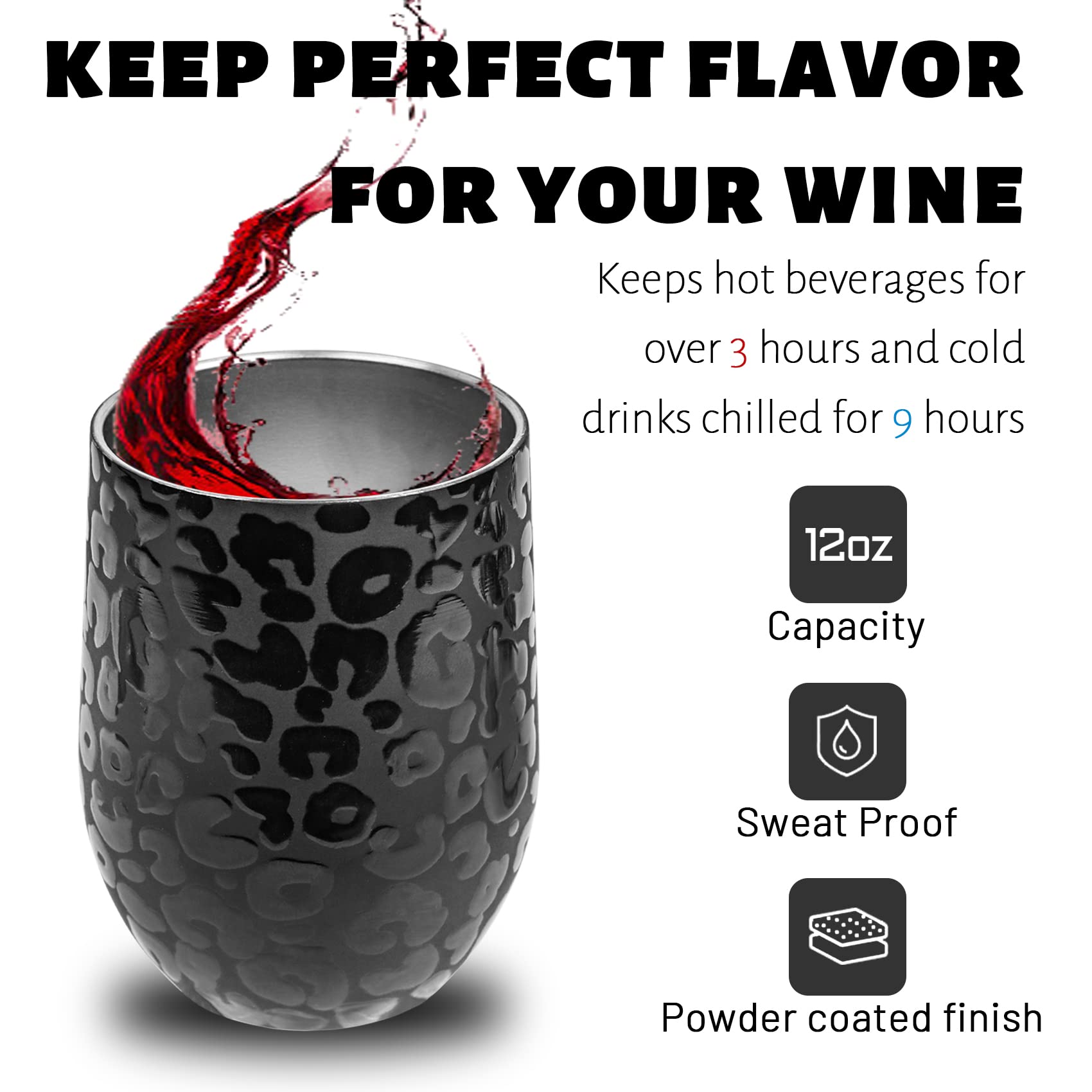 D·S 12 oz Black Leopard Wine Tumbler, Insulated Stainless Steel Travel Tumbler Cup for Coffee, Wine, Keep Cold or Hot (12oz Leopard)