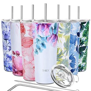 thily stainless steel vacuum insulated tumbler travel mug 26 oz coffee cup with 2 lids and straws, splash proof, keep ice drinks cold, pink lilies