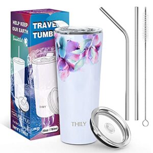 THILY Stainless Steel Vacuum Insulated Tumbler Travel Mug 26 oz Coffee Cup with 2 Lids and Straws, Splash Proof, Keep Ice Drinks Cold, Pink Lilies