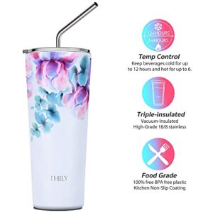 THILY Stainless Steel Vacuum Insulated Tumbler Travel Mug 26 oz Coffee Cup with 2 Lids and Straws, Splash Proof, Keep Ice Drinks Cold, Pink Lilies