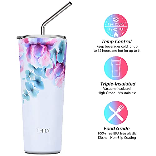 THILY Stainless Steel Vacuum Insulated Tumbler Travel Mug 26 oz Coffee Cup with 2 Lids and Straws, Splash Proof, Keep Ice Drinks Cold, Pink Lilies