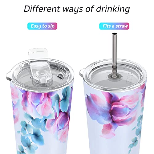 THILY Stainless Steel Vacuum Insulated Tumbler Travel Mug 26 oz Coffee Cup with 2 Lids and Straws, Splash Proof, Keep Ice Drinks Cold, Pink Lilies