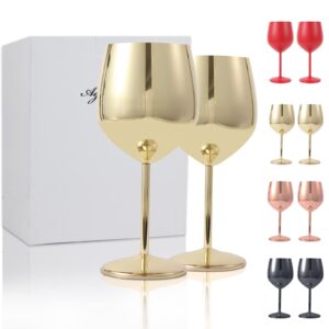 aghook wine glasses 18/8 stainless steel, set of 2 16 oz stemmed wine goblets, bpa free copper coated shatterproof, elegant tone drinkware for champagne and cocktails