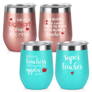gingprous 4 pack thank you gifts for teachers, teacher appreciation gifts for preschool elementary daycare teacher, teachers day gifts christmas gifts, 12oz insulated wine tumbler, rose gold & mint