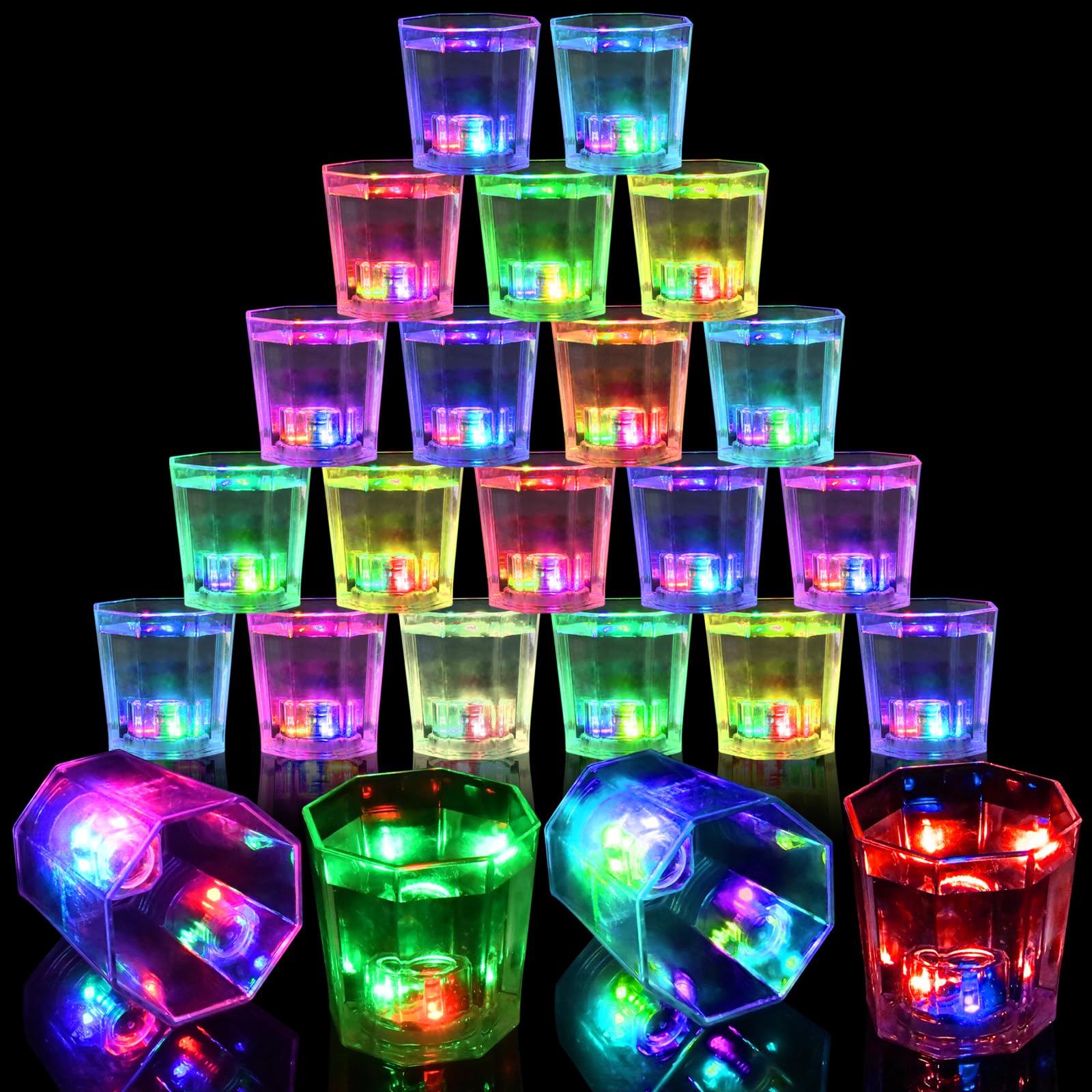 Volpeblu 24 Pack Light Up Cups LED Flash Shot Glasses for Party Favors Supplies Adults Guests Glow In The Dark Shot Glasses Fun Plastic Party Cups for Birthday, Bar, Christmas, Halloween (2 OZ)