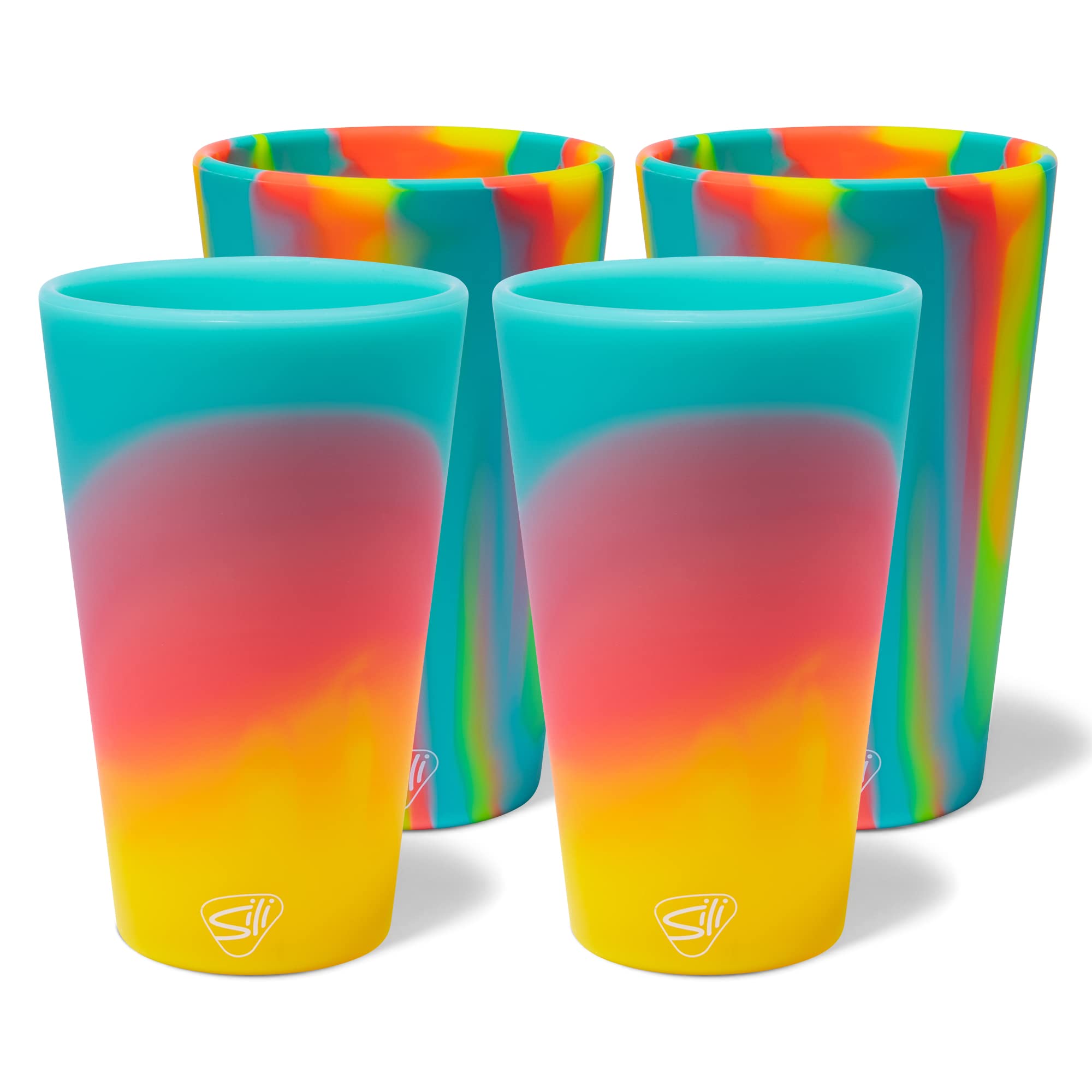 Silipint Silicone Pint Glasses: 4 Pack - 2 Aurora & 2 Sugar Rush - 16oz Unbreakable Cups, Flexible, Seasonal Color