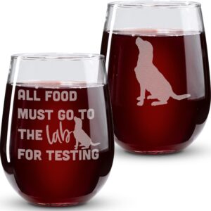on the rox drinks labrador gifts for labrador lovers- all food must go to the lab for testing stemless wine glass set of 2- chocolate lab wine glass - dog face, black labrador gifts