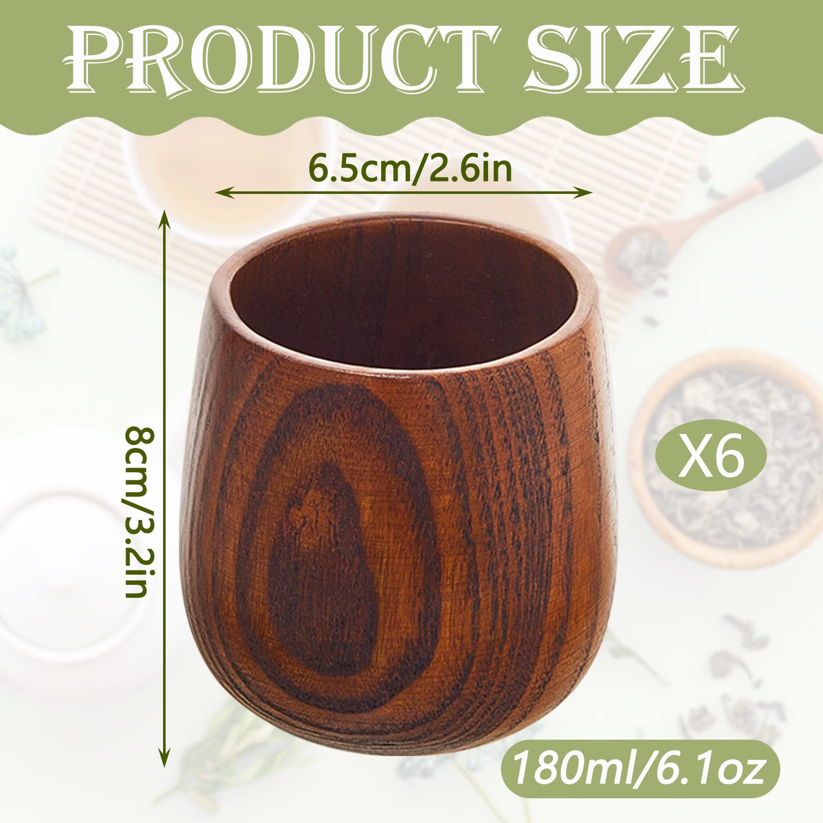 Suclain 6 Pieces 6 oz Wooden Tea Cups Wooden Coffee Cups Wood Teacups Coffee Mug for Drinking Espresso Tea Beer Wine Water Restaurant Cafe Home Serving Entertain, Cannot Use Dishwasher