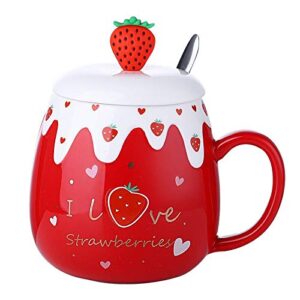 anjiyoyo lovely strawberry and stainless steel scoop ceramic coffee cup, novel and interesting fruit cup, lovers milk cup, creative gift breakfast cup for kid or girlfriend