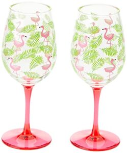x&o paper goods tropical pink flamingo and palm leaf plastic wine glass set, 2pcs, 16 oz., 3.5'' w x 8.75'' h