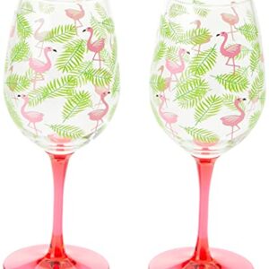 X&O Paper Goods Tropical Pink Flamingo and Palm Leaf Plastic Wine Glass Set, 2pcs, 16 oz., 3.5'' W x 8.75'' H