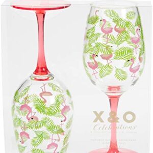 X&O Paper Goods Tropical Pink Flamingo and Palm Leaf Plastic Wine Glass Set, 2pcs, 16 oz., 3.5'' W x 8.75'' H