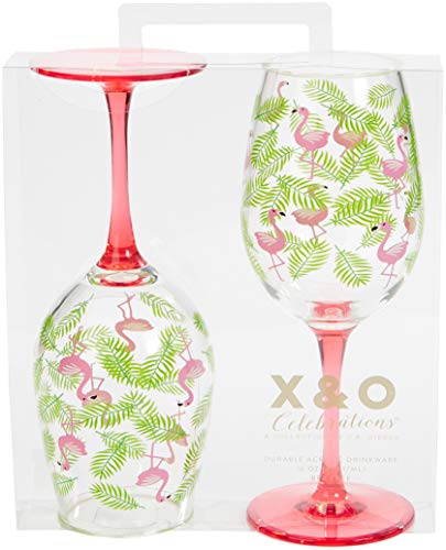 X&O Paper Goods Tropical Pink Flamingo and Palm Leaf Plastic Wine Glass Set, 2pcs, 16 oz., 3.5'' W x 8.75'' H