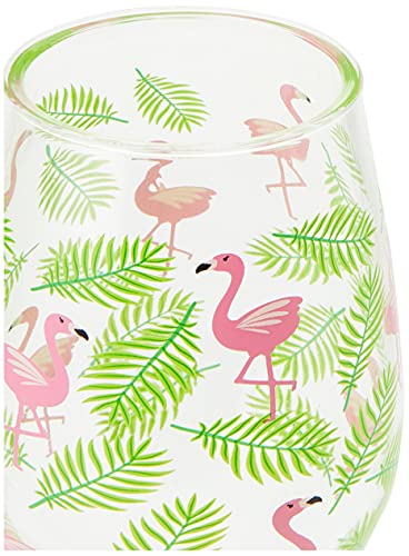 X&O Paper Goods Tropical Pink Flamingo and Palm Leaf Plastic Wine Glass Set, 2pcs, 16 oz., 3.5'' W x 8.75'' H