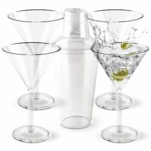 supply buys acrylic martini glasses and shaker set – 10 ounce shatter-proof plastic martini glasses set of 4 with 28 oz acrylic cocktail shaker, glassware for home bar, poolside, outdoor, glamping