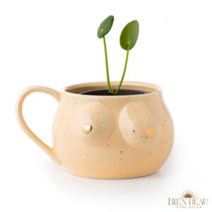 Speckled Ceramic Female Form Mug with golden heart nips, Boob Mug, Funny Large Coffee Boob Cup, Female Body Vase, Boob Planter, Boob Gifts Tea Cup, Feminist Gift, Eclectic Decor, 300ML Light color