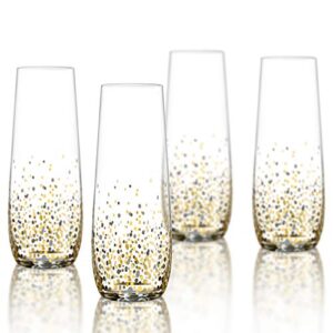 fitz and floyd confetti stemless flutes (set of 4), elegant lead-free matching drinkware perfect for everyday use or entertaining – stylish modern glasses make an ideal gift for weddings, birthdays