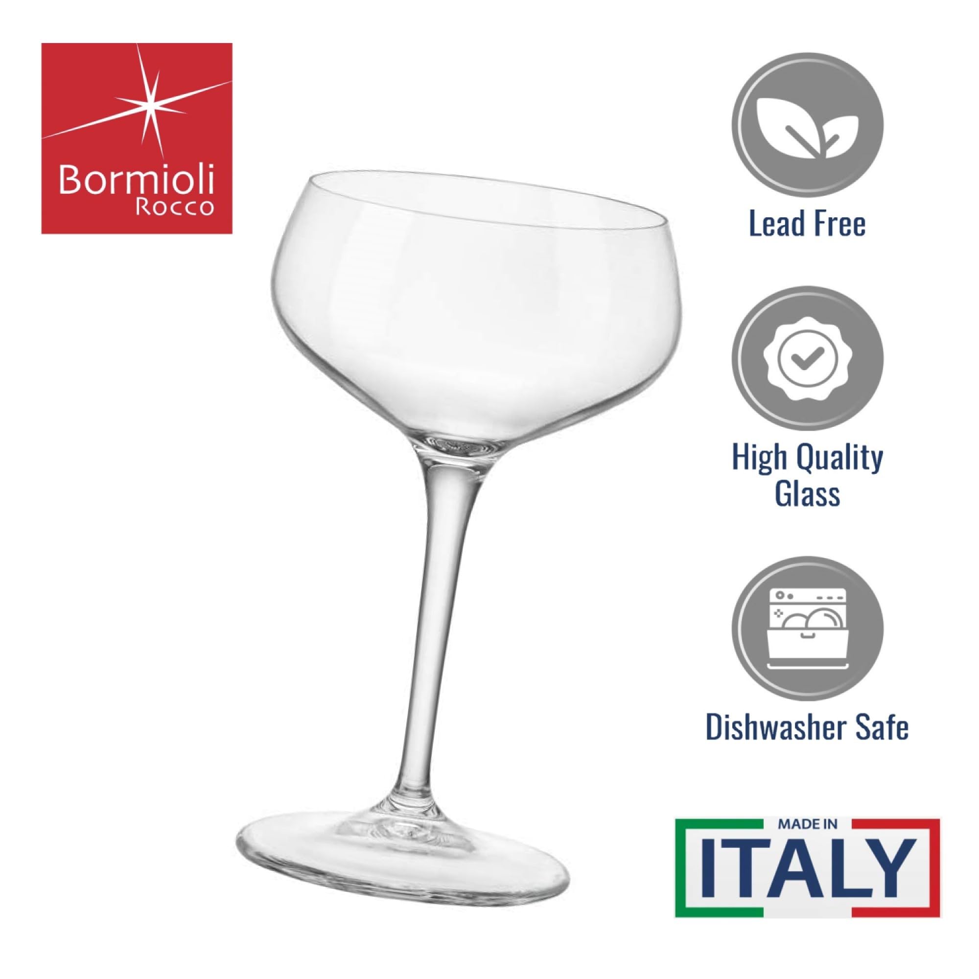 Bormioli Rocco,glass Novecento Stemware Cocktail Coupe-Gift Box of 4, 4 Count (Pack of 1), Clear,8.5 OUNCES